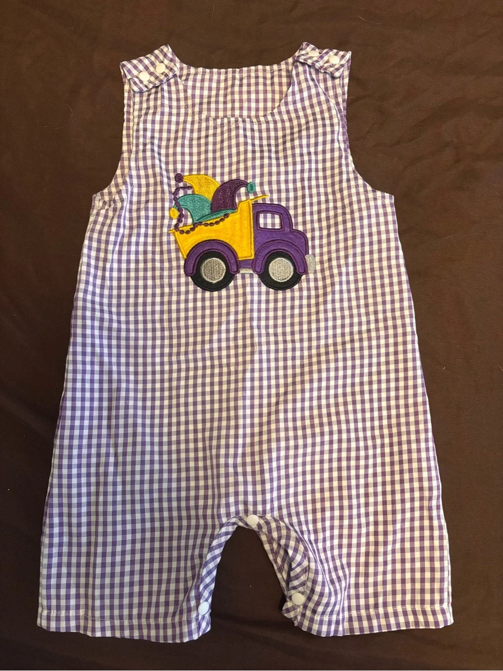 Purple Gingham Baby Romper with Truck Applique